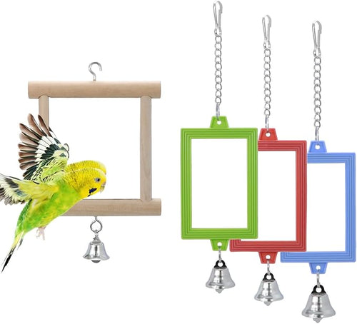 4 PCS Bird Mirror with Bell Parrot Hanging Interactive Playing Toy by Wontee
