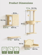 5-in-1 Cat Wall Shelves, Solid Wood & Velvet & Sisal Scratcher, 44lbs Max Load - Image 5