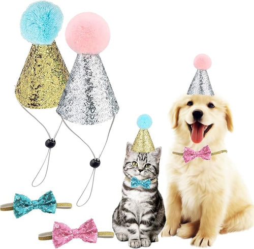 4 Pcs Cat Birthday Hat Bowtie Small Dog Hat Headband Topper Bowtie Adjustable by Arogheiz