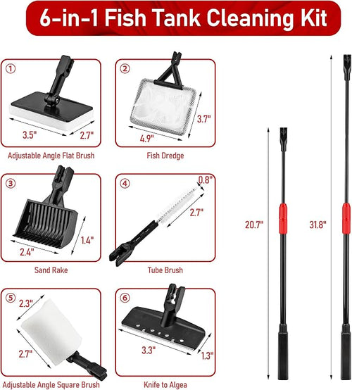 6 in 1 Aquarium Cleaning Tool Kit Fish Tank Algae Scraper, Sponge Pad, Fish Net - Image 2