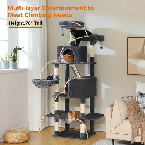 70.8" Tall Cat Tree for Large Cats, 2 Top Perches, Big Condo, Large Hammock - Image 2