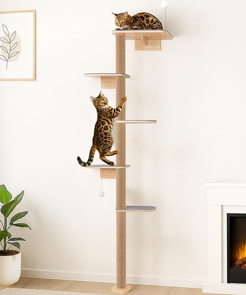 5-Tier Floor-to-Ceiling Cat Tree Tower, Upgraded Grey Felt Kittens Wall Shelves by PELUOMOZ