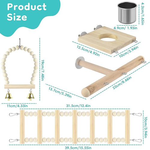 5in1 Bird Perch Ladder with Swing, Natural Wood Parrot Perches Platform with - Image 2