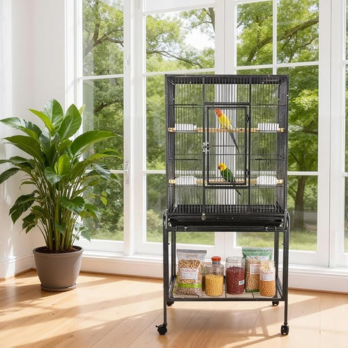 53 Inch Bird Cage with Wooden Perches, Standing Wrought Iron Birdcage with - Image 2