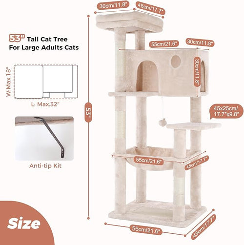54” Cat Tree with Big Hammock 21x17” XL Cat Tower with Scratching Posts - Image 2