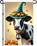 Happy Fall Garden Flag Halloween Flag Cute Cow Calf 12x18 Inch Witch Hat by BlissYard