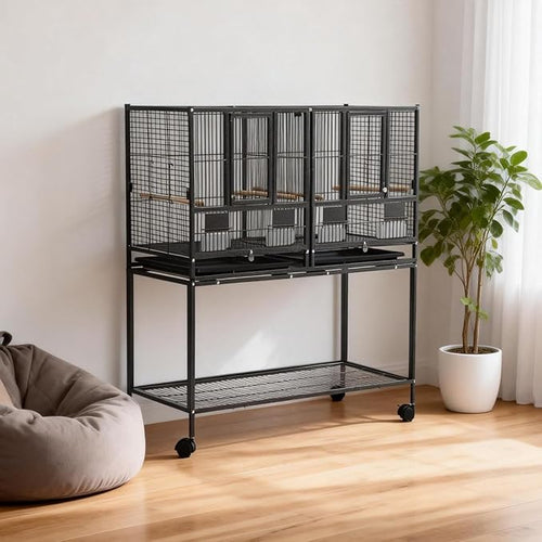 43 Inch Bird Cage with Wooden Perches, Standing Wrought Iron Birdcage with - Image 2