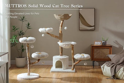 59" Modern Cat Tree Tower for Large Cats w/2 Flower Perches-Natural Solid Wood - Image 2