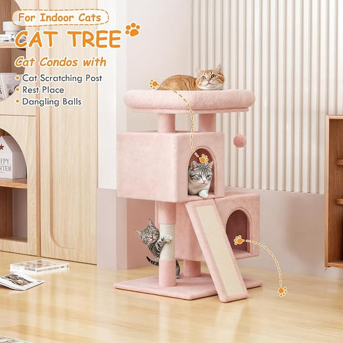 34'' Small Cat Tree with 2 Condos, Sisal Scratching Posts & Board, Sturdy Light - Image 2
