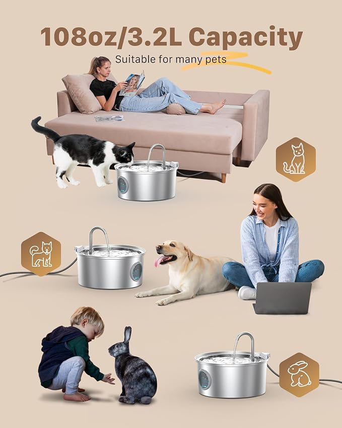Stainless Steel Pet Water Fountain: 108oz/3.2L Cat Fountains - Image 2