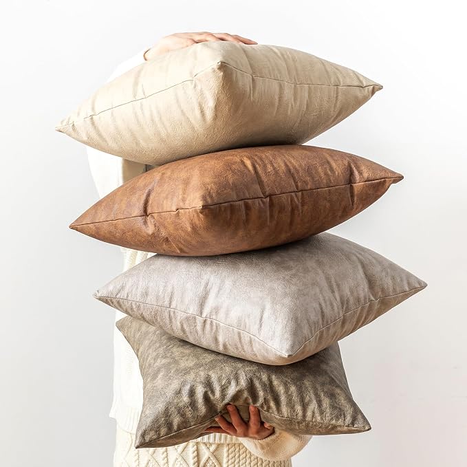 Pack of 4 Oversized Faux Leather Neutral Decorative Throw Pillow Covers 26x26 - Image 2