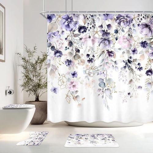 4 PCS Purple Floral Flower Shower Curtain Set 72Wx72H Inch Watercolor Pastel by Ufeela