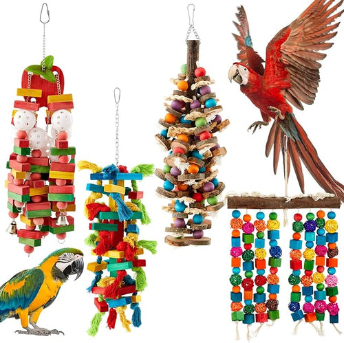 4 Pcs Extra Large Bird Parrot Toy Multicolored Natural Wooden Parrot Cage by Seenelling