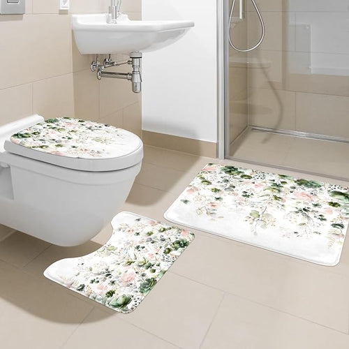 4 PCS Green Pink Floral Flower Shower Curtain Set 72Wx72H Inch Watercolor - Image 2