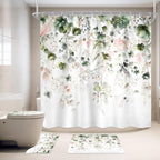 4 PCS Green Pink Floral Flower Shower Curtain Set 72Wx72H Inch Watercolor by Ufeela