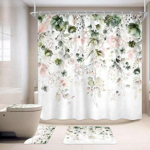 4 PCS Green Pink Floral Flower Shower Curtain Set 72Wx72H Inch Watercolor by Ufeela