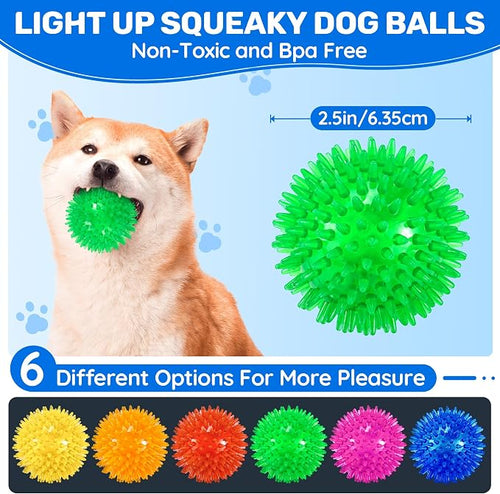 6 Pack 2.5" Light Up Squeaky Dog Balls, Spiky Dog Toy Balls - Image 2