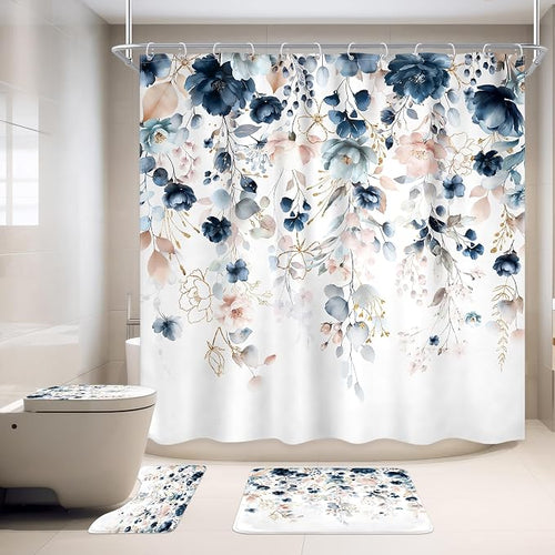 4 PCS Navy Blue Floral Flower Shower Curtain Set 72Wx72H Inch Watercolor Pastel by Ufeela