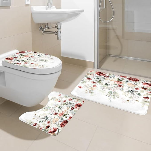 4 PCS Red Burgundy Floral Flower Shower Curtain Set 72Wx72H Inch Watercolor - Image 2