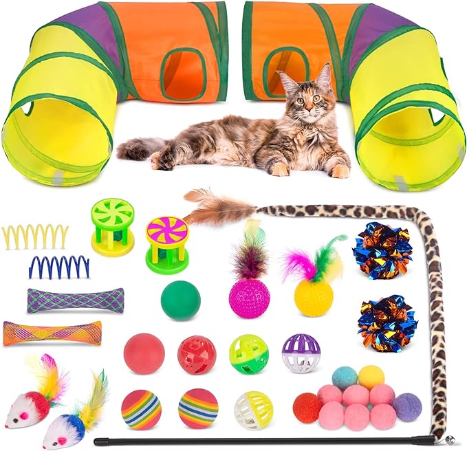 Retro Shaw 33Pcs Cat Toys with Tunnels, Interactive Kitten Toys by RetroShaw