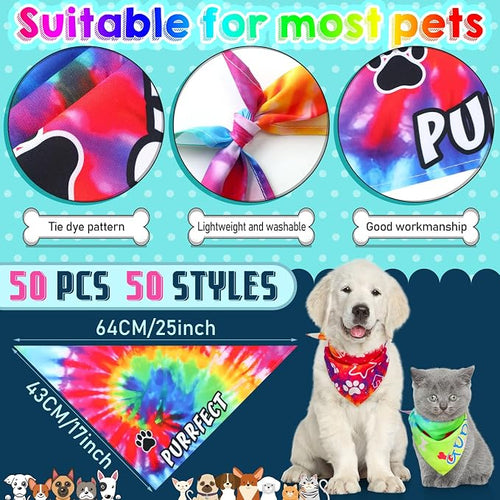 50 Pcs Tie Dye Dog Bandanas Bulk Pet Bibs Colorful Triangle Scarf Tie Dye - Image 2
