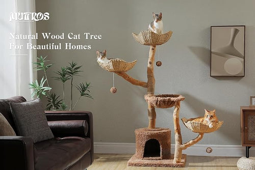 59" Cat Tree Tower with Real Solid Wood Natural Branch, Modern Cat Tree - Image 2