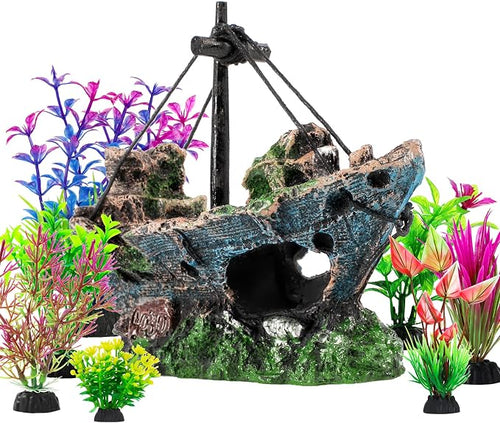 8Pcs Fish Tank Decorations Set Sunken Ship Decoration, Resin Material Fish Tank by Xereooe