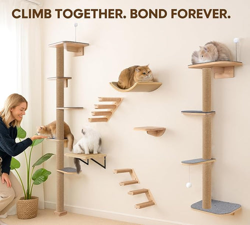 5-Tier Floor-to-Ceiling Cat Tree Tower, Upgraded Grey Felt Kittens Wall Shelves - Image 2
