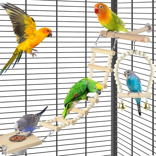 5in1 Bird Perch Ladder with Swing, Natural Wood Parrot Perches Platform with by DBNESS