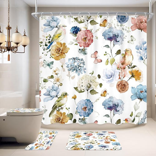 4 PCS Blue Floral Birds Bathroom Set by Ufeela