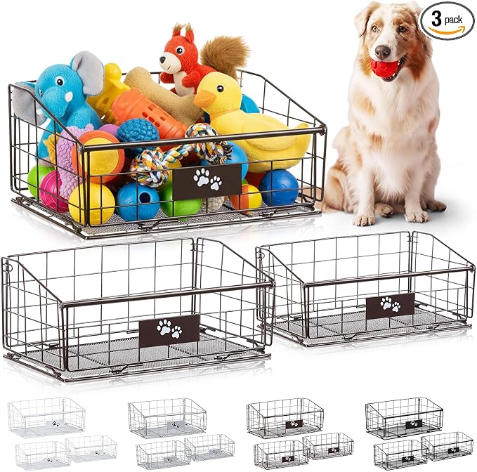 Mimorou 3 Pack Metal Dog Toy Baskets Multi-sized Foldable Dog Toy Bins Box by Mimorou