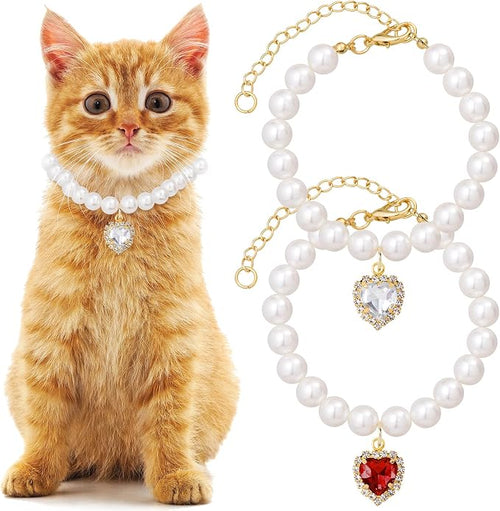 2pcs Cat Pearl Collar with Heart Pendant, Cute Pearl Pet Necklace in Small by Unknown