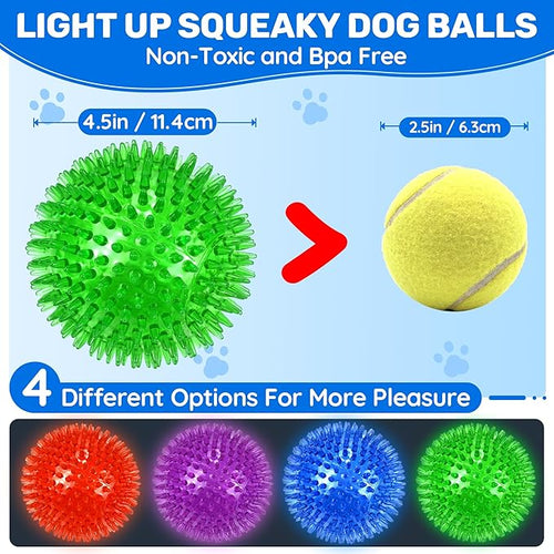 4 Pack 4.5" Light Up Squeaky Dog Balls, Spiky Dog Toy Balls - Image 2