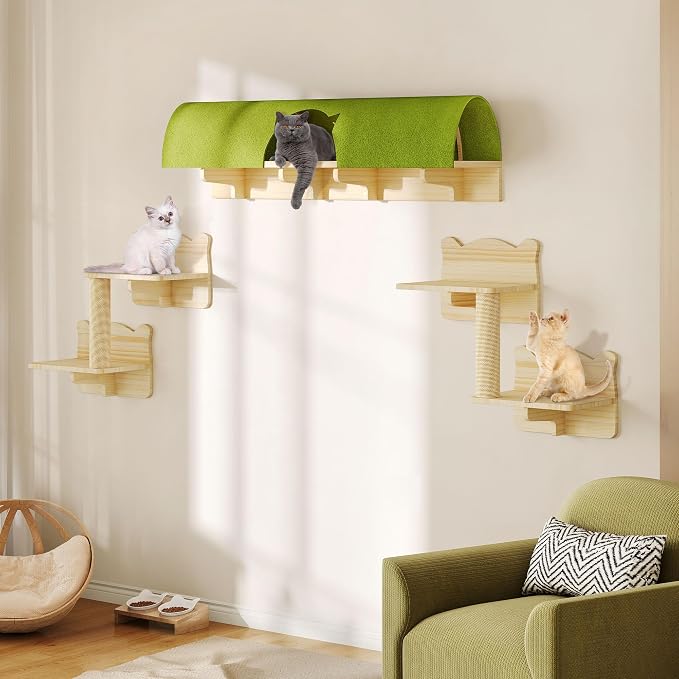 Cat Wall Shelves, 7-in-1 Solid Wood Wall-Mounted Cats Furniture Set by Homiflex