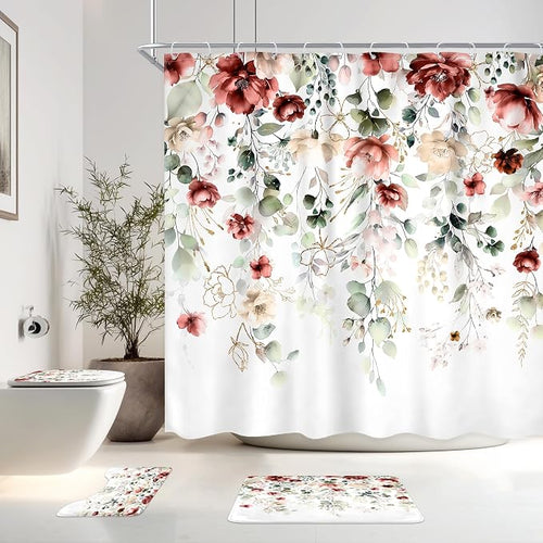 4 PCS Red Burgundy Floral Flower Shower Curtain Set 72Wx72H Inch Watercolor by Ufeela