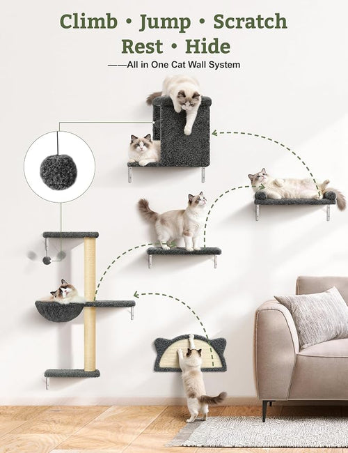 5-in-1 Cat Wall Shelves, Solid Wood & Velvet & Sisal Scratcher, 44lbs Max Load - Image 2