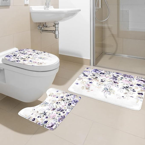 4 PCS Purple Floral Flower Shower Curtain Set 72Wx72H Inch Watercolor Pastel - Image 2