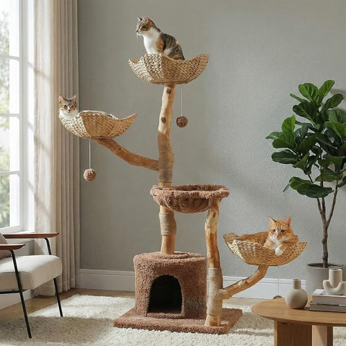 59" Cat Tree Tower with Real Solid Wood Natural Branch, Modern Cat Tree by MUTTROS